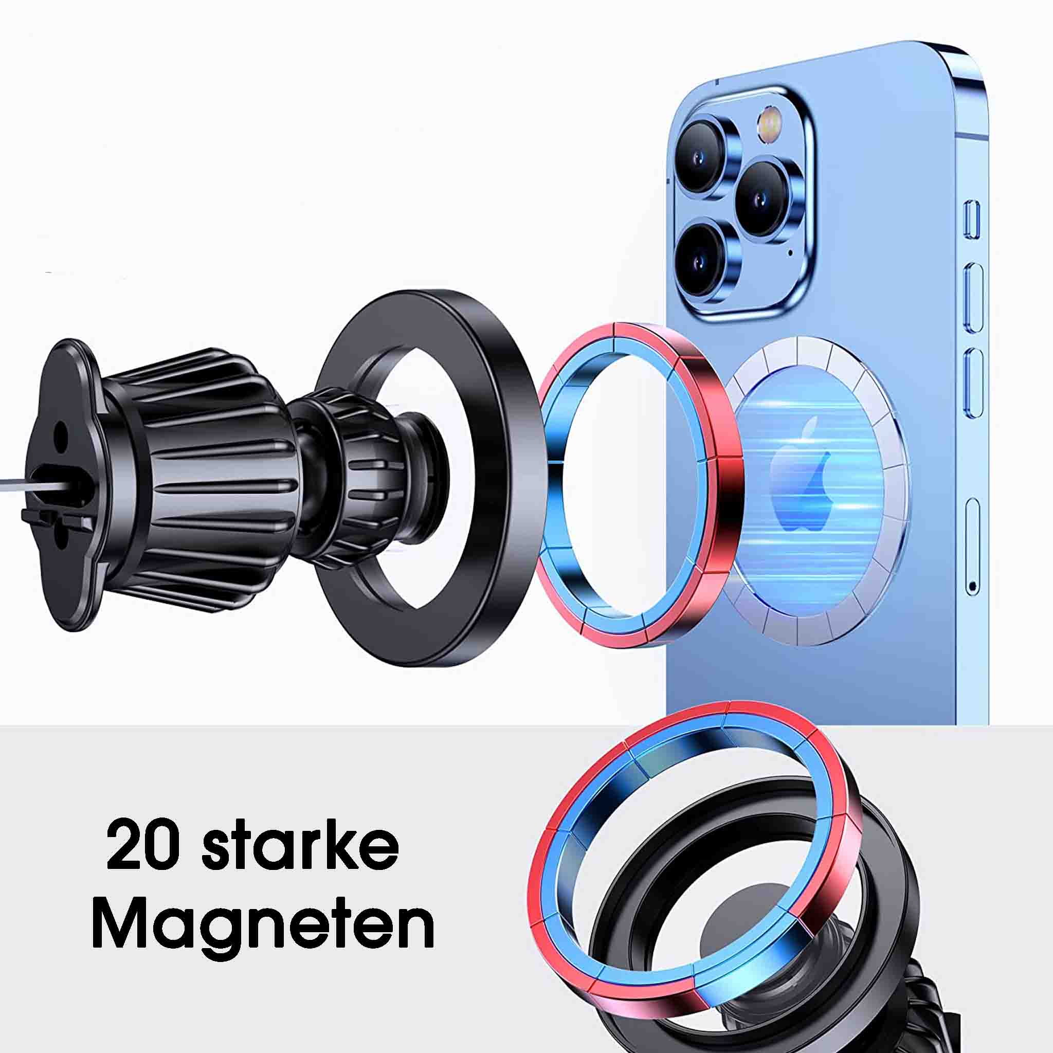 Magnetische Handyhalterung Mit 2,5 Cm Kugelfuß – Kompatibel Mit MagSafe IPhones & Android, 20 Starke Magnete, Inkl. 2 Metallringen