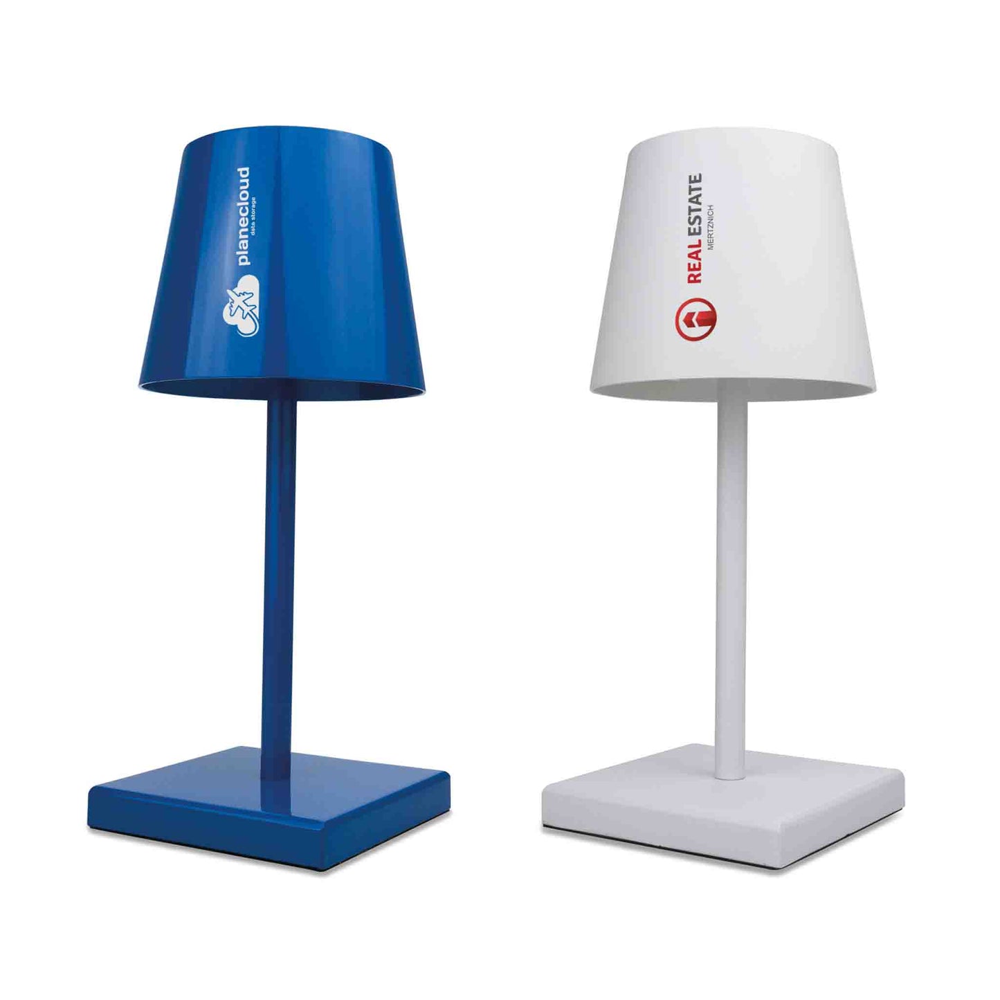 Lampe blau und weiß mit Logo